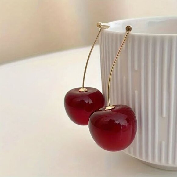 NWT Glossy Resin Cherry Earrings 3D Fruit Dangle Statement Jewelry Y2k Kawaii - Picture 4 of 6